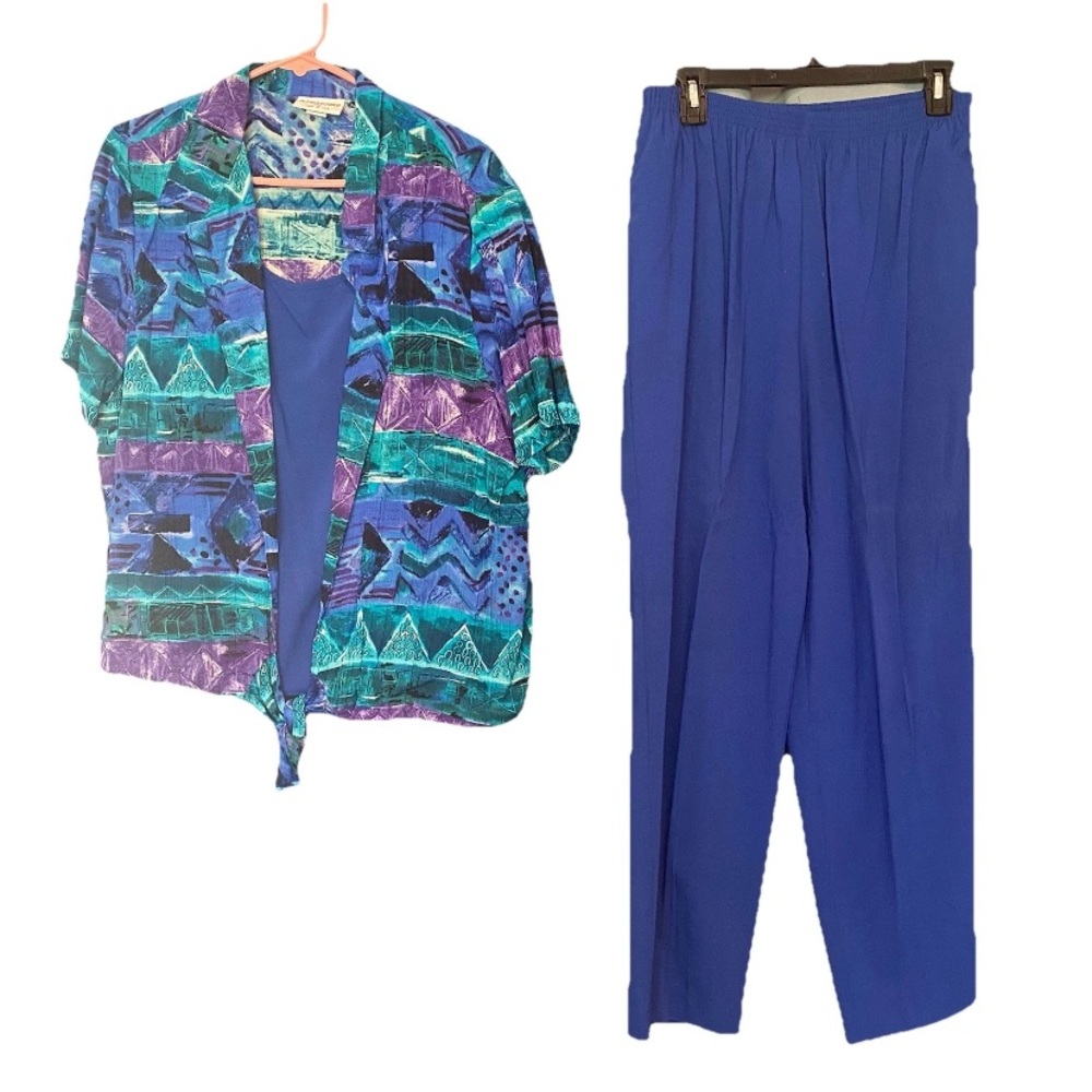Vintage Alfred Dunner Women’s 16 18 Shirt & Pants Set Teal Blue Purple 80’s 90’s